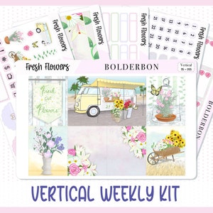 FLORES FRESCAS // Kit de calcomanías de planificador semanal estándar vertical para Erin Condren, Recollections, Plum Paper, MakseLife y más.