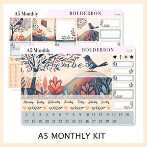 May include: A5 monthly planner sticker kit with a nature theme. The kit features illustrations of birds, trees, and floral elements in shades of blue, orange, and brown. Includes a calendar, decorative elements, and the text "September".