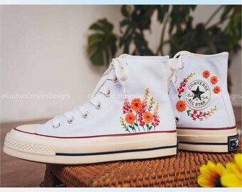 Beige Schuhe gestickt,Converse Chuck Taylor 1970er,Converse kleine Blume / kleine Blume Stickerei