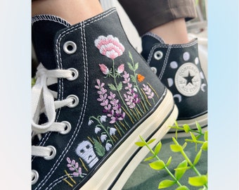 Converse bestickte Schuhe, Converse Chuck Taylor 1970er Jahre, Converse individuelle kleine Blume / kleine Blumenstickerei