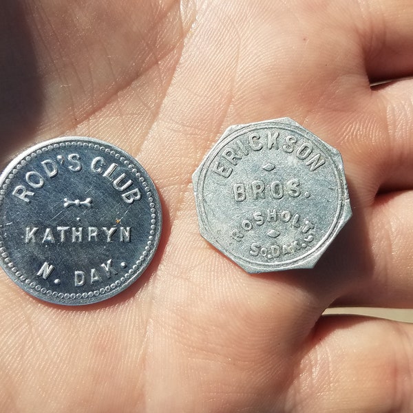 Lot of 2 Trade Tokens Beer Tavern Bar Kathryn North Dakota Erickson Bros Rosholt South Dakota