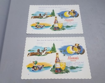 Lot Of 2 Vintage c. 1960&#39;s 70&#39;s NOS Hamms Hamm&#39;s Beer Paper Placemats Signs Land of Sky Blue Waters