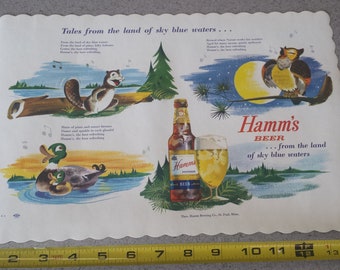 Vintage c. 1960&#39;s 70&#39;s NOS Hamms Hamm&#39;s Beer Paper Placemat Sign Land of Sky Blue Waters