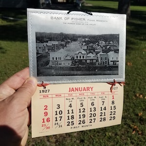 Vintage 1927 Bank of Fisher Minnesota Advertising Calendar w/ Tin 1882 Town Picture
