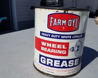 Vtg c. 1950s 60s Farm-Oyl 2lb Wheel Bearing Grease Tin Metal Can Full Nice!