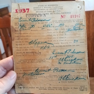 1937 Chippewa County Minnesota Resident Big Game Hunting License Deer Etc.