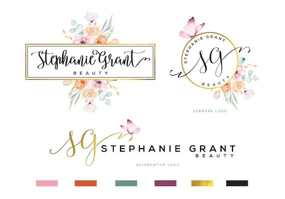 Custom Watercolor Logo Design, Floral Brand Package, Photography Logo