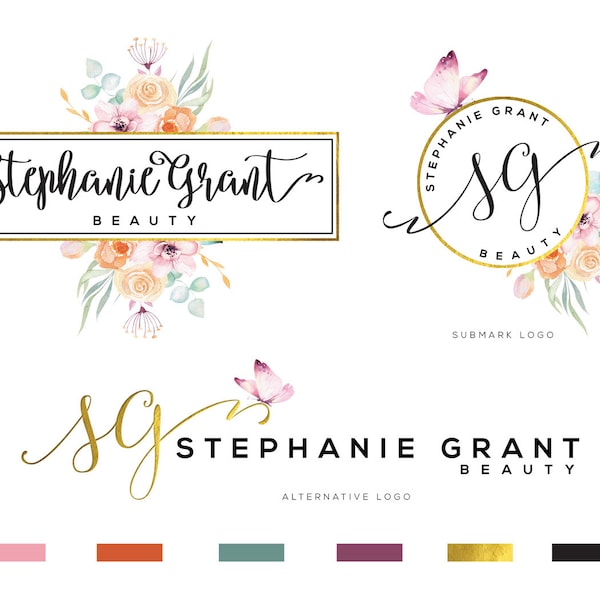 Watercolor Logo, Photography Logo, Floral Logo, Feminine Logo, Boho Logo, Boutique Logo, Brand Package, Calligraphy Logo, Branding Kit