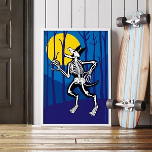 May include: A framed art print featuring a werewolf skeleton illustration against a blue forest backdrop with a yellow moon. A wooden skateboard with blue stripes leans against the wall. The artwork is in a white frame.