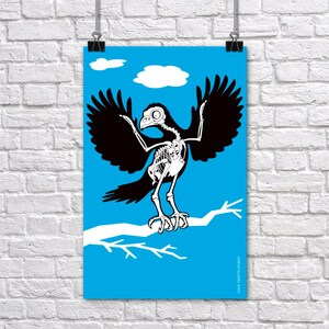May include: A black and white illustration of a bird skeleton with its wings spread, perched on a branch against a blue sky with white clouds. The bird's skeleton is visible through its black silhouette.