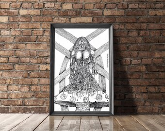 Puede incluir: Dibujo en tinta negra y blanca de una figura monstruosa con un gran sombrero de hongo. La figura está de pie en un marco de madera con un patrón de rejilla cruzada.
