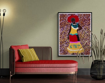 May include: A framed print of a colorful illustration of a woman wearing a yellow and red dress with a leopard print background.