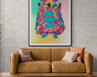 May include: A colorful abstract art print featuring a figure with the text "laissez les bons temps rouler" in French. The print is framed in black and displayed on a white brick wall above a brown leather couch.