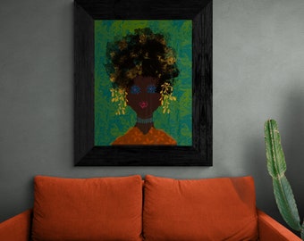 May include: A framed painting of a woman with dark brown hair, blue eyes, and pink lips. She is wearing a gold necklace and a brown and orange patterned shirt. The background is a green and blue floral pattern.