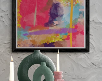 May include: A framed abstract painting with colorful brushstrokes in shades of pink, purple, yellow, and blue.  Two green ceramic vases with unique shapes and two pink candle holders with white candles.