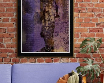 May include: A framed abstract art print with a purple and brown color scheme. The print features a figure with a hat and text in the background. The print is hanging on a brick wall above a purple couch.
