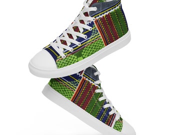 May include: White high-top canvas sneakers with a colorful geometric pattern in shades of green, blue, red, and yellow.