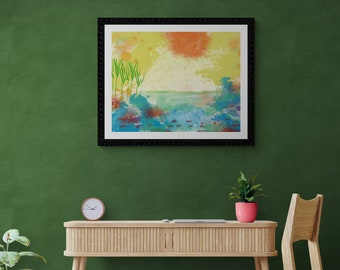 May include: A framed abstract painting of a landscape with a sun, water, and green plants. The painting is in a black frame and is hanging on a green wall.