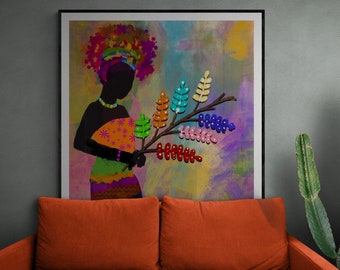 May include: A colorful abstract painting of a woman with a large, colorful headpiece holding a branch with colorful leaves. The background is a mix of yellow, orange, purple, and blue.