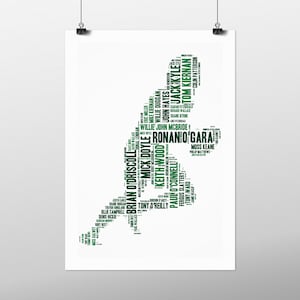 May include: A green word cloud in the shape of Ireland, featuring the names of famous Irish rugby players. The names are arranged in a way that creates the outline of the country.
