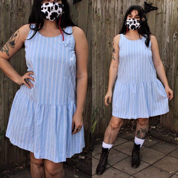 Vintage 1990s "Honors Maternity" baby blue and white striped drop waist dress size medium