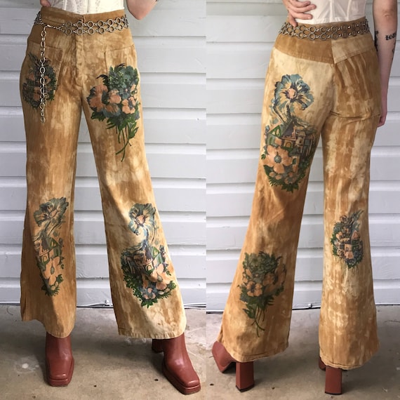 Vintage 1970s Tan Hand Painted High Waisted Jeans