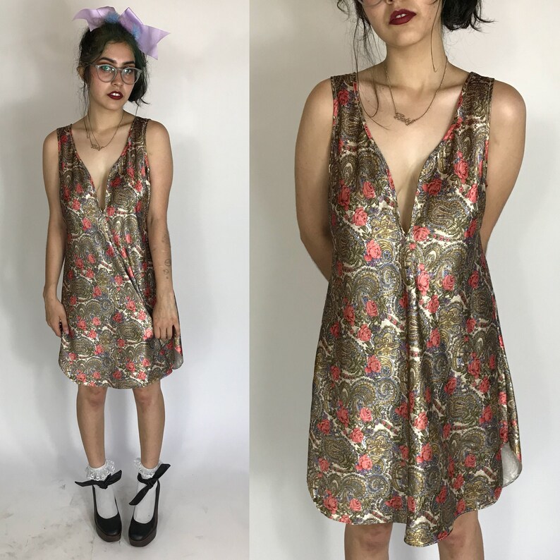 Vintage 1980s gold paisley floral slip dress ~ size SM