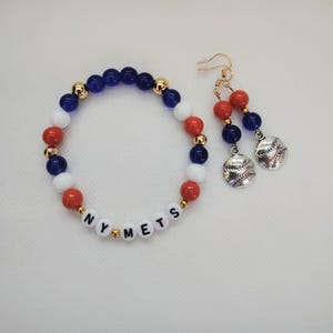 New York Mets Baseball Jewelry, Mets Bracelet, Mets Earrings, NY Mets Bracelet, NY Mets Earrings, Mets Dangle Earrings, Mets Beaded Bracelet