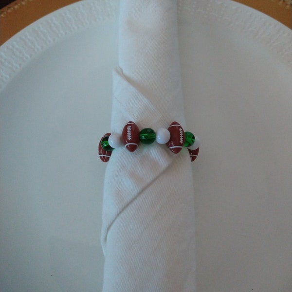 Set of 4 Green and White Napkin Rings,Beaded Napkin Rings,Football Napkin Rings,Napkin Rings,Green and White Linen Holder,Sports Napkin Ring