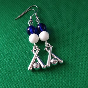 Blue and White Baseball Earrings, Blue and White Baseball Jewelry, Navy and White Baseball Jewelry, Baseball Dangle Earrings