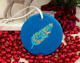 Hand-Painted Christmas Ornament: Dark Turquoise Feather