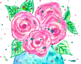 Pink Rose Floral Original Painting on Paper: "Floral Vase 4" (Pink Rose Flower Art)