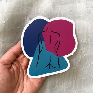 May include: A sticker with a line drawing of a person's back, outlined in black, against a background of blue, teal, and pink abstract shapes.