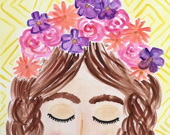 Original Painting on Paper: "Elsie" (Flower Crown Girl Art)