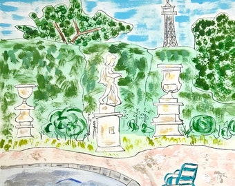 Pintura original en papel: "Paris Sketch 3" (Tullerías Jardín Eiffel Torre Paris Art)