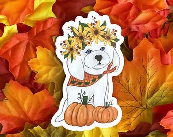 Fall Sticker: White Dog and Pumpkins