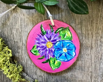 September Birth Flower Original Painting on Wood (Aster and Morning Glory)