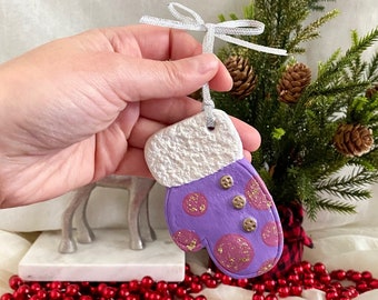 Hand-Painted Christmas Ornament: Purple and Pink Mitten