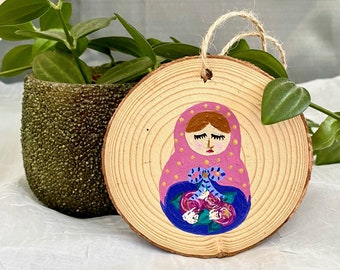 Russian Doll Original Painting on Wood: Raspberry Florals