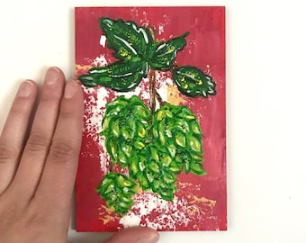 Original Painting on Wood: Red Hop Beer Brewing Art