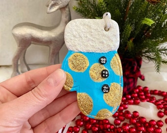 Hand-Painted Christmas Ornament: Blue and Gold Mitten