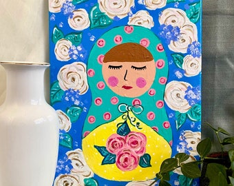 Russian Doll Original Painting: Sky Blue and White Roses