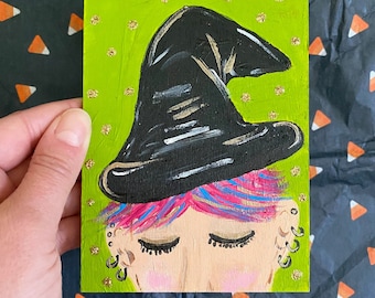Hexenbild 1: Original Halloween Kunst auf Holz