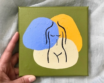 Hand-Painted Original Abstract Figure Painting on Canvas (Green, Blue, Yellow, Beige)