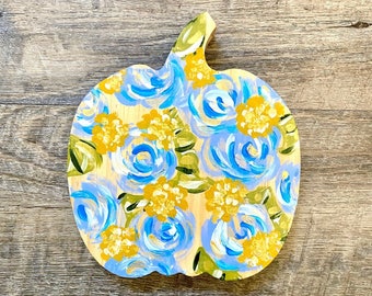 Hand-Painted Floral Pumpkin Art on Wood