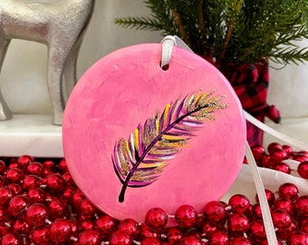 Hand-Painted Christmas Ornament: Pink Feather