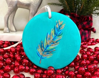 Hand-Painted Christmas Ornament: Turquoise Feather