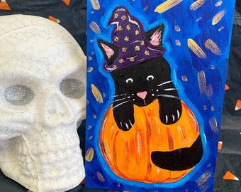 Black Cat and Pumpkin Painting: Original Halloween Art on Wood