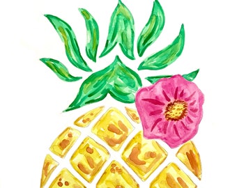 Pintura original sobre papel: "Piña dorada con flor rosa"