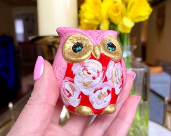 Hand-Painted Owl Figurine: Pink and Red with White Roses